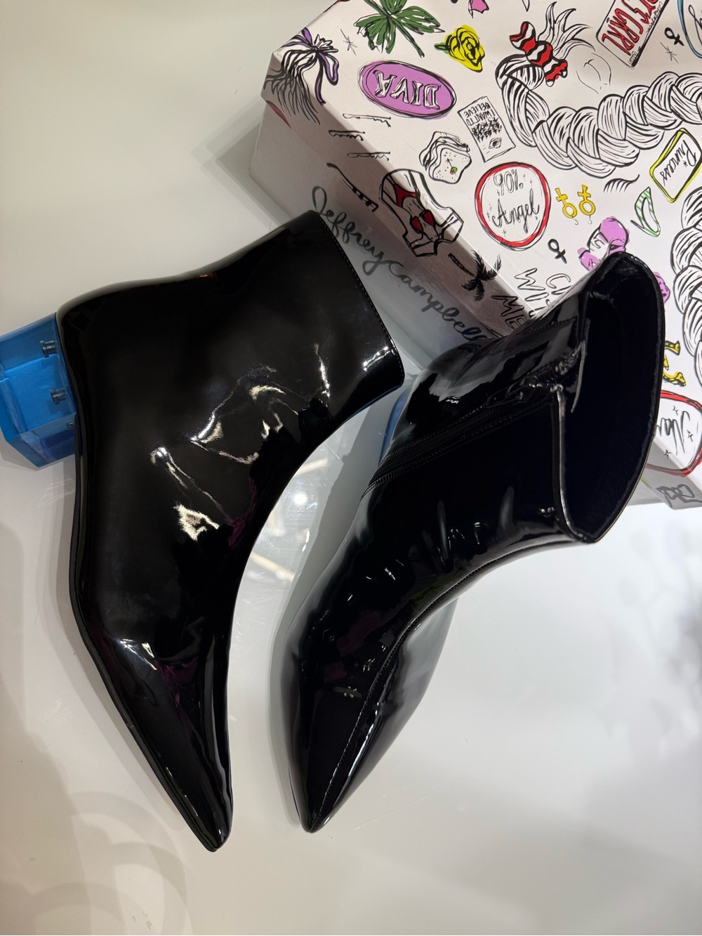 Jeffrey Campbell 7.5 Black Patent Pointed Ankle Boots with Blue Translucent Heel
